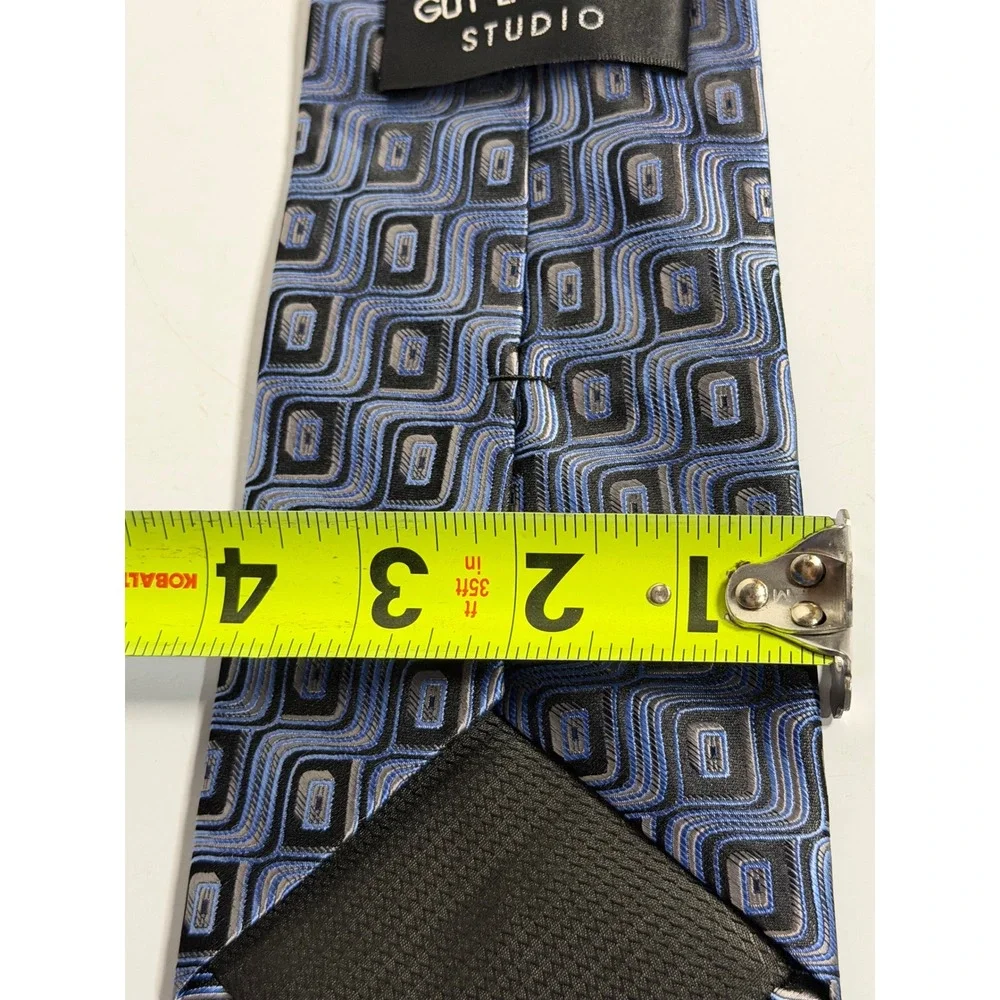 Guy Laroche Studio Necktie Blue Black Geometric Wavy Retro Silk Tall Long Mens